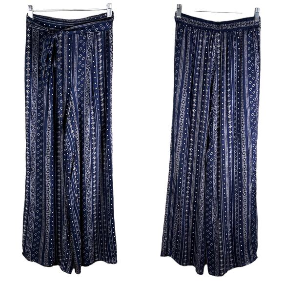 Sadie & Sage Pants Wide Leg Pants Navy Cream Small Lined Belted Boho New - Picture 1 of 13